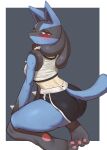  anthro blush butt clothed clothing female generation_4_pokemon hi_res kneeling looking_at_viewer lucario nintendo pokemon pokemon_(species) side_view solo video_games yawar 