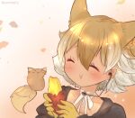  1girl animal_ears black_jacket blonde_hair blush choker closed_eyes collarbone coroha coyopotato coyote_(kemono_friends) eating food jacket kemono_friends kemono_friends_v_project microphone multicolored_hair open_clothes open_jacket shirt short_hair spaghetti_strap sweet_potato virtual_youtuber white_choker white_hair white_shirt wolf_ears wolf_girl 