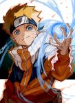  1boy blonde_hair blue_eyes child commentary_request energy_ball facial_mark fantasy forehead_protector glowing highres looking_at_viewer male_child male_focus naruto naruto_(series) ninja shion_(1016_shio) short_hair smile solo uzumaki_naruto whisker_markings 