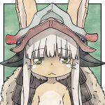  1girl animal_ears bangs ears_through_headwear furry furry_female horizontal_pupils looking_at_viewer made_in_abyss nanachi_(made_in_abyss) rabbit_ears rabbit_girl seiyasaikoro simple_background solo whiskers white_hair yellow_eyes 