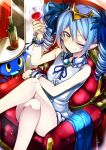  1girl alcohol bare_shoulders blue_hair blue_ribbon bombergirl bottle brooch buttons center_frills closed_mouth collar collared_dress crossed_legs cup dress drill_hair drinking_glass eyes_visible_through_hair fang fang_out frilled_collar frills glint hand_up holding holding_cup jewelry lewisia_aquablue light_blue_hair light_particles long_hair omochishiki poi ribbon short_dress sitting sleeveless sleeveless_dress smile sparkle tiara twin_drills white_dress wine wine_bottle wine_glass wrist_cuffs yellow_eyes 