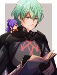 1boy 1girl absurdres armor bangs black_armor black_cape book byleth_(fire_emblem) byleth_(fire_emblem)_(male) cape chibi closed_mouth commentary commission english_commentary enlightened_byleth_(male) fire_emblem fire_emblem:_three_houses fire_emblem_warriors:_three_hopes gauntlets green_eyes green_hair hair_between_eyes hair_bun hair_over_one_eye highres holding holding_book long_hair looking_at_another on_shoulder one_eye_covered open_book purple_eyes purple_hair shez_(fire_emblem) shez_(fire_emblem)_(female) short_hair sierra117renner single_hair_bun size_difference smile upper_body 
