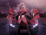  1girl absurdres aegir_(azur_lane) ass azur_lane bmw bmw_i8 breasts bush checkered_trim city_lights cityscape commentary cross-laced_clothes demon_horns elbow_gloves fingerless_gloves from_behind gloves highres horns kcar66t lamppost large_breasts mechanical_horns multicolored_hair night race_queen race_vehicle racetrack sideboob sky star_(sky) starry_sky streaked_hair thighhighs yellow_eyes 