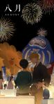  1a79f5as19e 2boys aerial_fireworks bangs black_hair blurry brown_hair daruma_doll dated depth_of_field eating english_text faceless faceless_female faceless_male facing_away fireworks flower food food_stand hand_on_hip highres holding holding_food ice_cream japanese_clothes kageyama_shigeo kimono long_sleeves looking_away market_stall mob_psycho_100 multiple_boys night night_sky open_mouth outdoors profile reigen_arataka short_hair sky soft_serve standing summer summer_festival sunflower yukata 