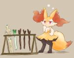  1girl :/ absurdres animal_ear_fluff animal_ears animal_feet animal_hands animal_nose black_fur body_fur braixen brown_background closed_mouth commentary_request flat_chest fox_ears fox_girl fox_tail fur_collar furry furry_female hand_on_hip hand_on_own_chin hand_up highres multicolored_fur pokemon pokemon_(creature) red_eyes san_(sanchimpo) simple_background solo spring_onion stick stroking_own_chin sword tail thinking weapon weapon_rack white_fur yellow_fur 