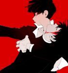  2boys angry bangs black_hair black_jacket bleeding blood blood_on_face blunt_bangs bowl_cut brothers closed_eyes closed_mouth gakuran injury jacket kageyama_ritsu kageyama_shigeo long_sleeves looking_away male_focus mob_psycho_100 multiple_boys outstretched_arm profile protecting red_background red_theme reka_(404percent) school_uniform scratches short_hair siblings simple_background unconscious upper_body 