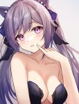  1girl absurdres atychi bangs bare_shoulders black_ribbon blush breasts cleavage commentary_request cone_hair_bun genshin_impact grey_background hair_bun hair_ribbon hand_up head_tilt highres keqing_(genshin_impact) long_hair medium_breasts parted_lips pink_eyes purple_hair ribbon simple_background solo twintails upper_body 