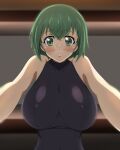  1girl absurdres black_leotard breasts glasses green_eyes green_hair highres infinite_stratos large_breasts leotard looking_at_viewer macaroni_(dontakadx) parted_lips pov shiny shiny_clothes shiny_hair shiny_skin short_hair skin_tight solo taut_clothes yamada_maya_(infinite_stratos) 