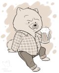  3_toes 4_fingers alcohol anthro beer beer_glass beverage bottomwear canid canine canis chow_chow clothing corgi_(artist) denim denim_clothing dogs_in_space domestic_dog dot_eyes feet fingers fluffy fluffy_tail hi_res jeans jerry_(dogs_in_space) male mammal pants shirt slightly_chubby solo spitz toes topwear 