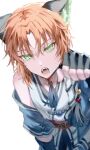  1boy animal_ear_fluff animal_ears bangs bare_shoulders beads bell cat_ears ensemble_stars! fangs green_eyes hand_up highres jingle_bell kemonomimi_mode leaning_forward looking_at_viewer male_focus neck_bell off_shoulder open_mouth orange_hair parted_bangs paw_pose reaching_out sash solo suteppu212 tassel tongue tsukinaga_leo upper_body white_background 