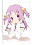  1girl bangs blush bow hair_ornament hair_ribbon highres looking_at_viewer magia_record:_mahou_shoujo_madoka_magica_gaiden mahou_shoujo_madoka_magica medium_hair misono_karin orange_ribbon parted_bangs parted_hair purple_eyes purple_hair ribbon sakae_general_school_uniform school_uniform shirt smile solo star_(symbol) star_hair_ornament tsubaki_(tatajd) two_side_up 