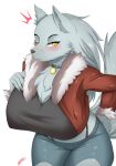  2022 absurd_res anthro black_eyebrows black_pupils blush bottomwear breasts canid canine canis clothed clothing emanata eyebrows female fingers fur grey_body grey_ears grey_fur grey_tail hi_res mammal morris_(artist) pupils red_clothing red_topwear slit_pupils topwear velvela wolf yellow_eyes 