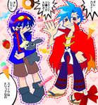  blue_hair blush bow cape company_connection creator_connection gainax goggles goggles_on_head kamina male_focus marukido multiple_boys panty_&amp;_stocking_with_garterbelt parody red_eyes shirtless simon style_parody tengen_toppa_gurren_lagann translated 