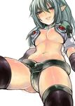  armor bad_id bad_pixiv_id breasts brown_eyes echidna green_hair grin large_breasts living_clothes navel pointy_ears queen's_blade revealing_clothes rocb simple_background smile snake solo thighhighs underboob 