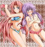  assisted_exposure bandeau bikini bikini_top_removed blue_eyes blush breast_hold breasts cameltoe clothes_theft covering covering_breasts curvy embarrassed highres hong_meiling long_hair medium_breasts multiple_girls nanase_nanami navel patchouli_knowledge purple_eyes purple_hair swimsuit swimsuit_theft theft topless touhou underboob wide_hips 