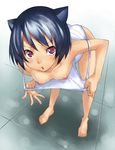  animal_ears arcana_heart bad_id bad_pixiv_id barefoot black_hair cat_ears daidouji_kira downblouse feet flat_chest nakamura_yukitoshi panties red_eyes shirt_pull solo underwear vest 