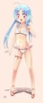  ahoge bad_id bad_pixiv_id bikini blue_hair high_heels hira_taira legs long_hair navel original personification pointy_ears polka_dot polka_dot_bikini polka_dot_swimsuit red_eyes sandals shadow shoes side-tie_bikini solo swimsuit 