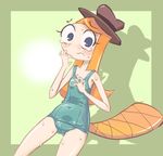  blue_eyes blush cameltoe candace_gertrude_flynn cosplay covered_navel hat k-nattoh navel one-piece_swimsuit orange_hair perry_the_platypus perry_the_platypus_(cosplay) phineas_and_ferb school_swimsuit shadow solo swimsuit tail tears wavy_mouth 