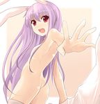  animal_ears ass bunny_ears flat_chest foreshortening long_hair meneru no_nipples nude purple_hair red_eyes reisen_udongein_inaba solo surprised tears thighhighs touhou towel very_long_hair 