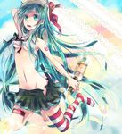  aqua_eyes aqua_hair bad_id bad_pixiv_id bottle breasts hat hatsune_miku long_hair midriff navel non_00 single_thighhigh skirt small_breasts solo striped thighhighs twintails underboob very_long_hair vocaloid 