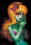  333_(idvent) bandaid bra candle earrings green_skin guro heterochromia horror_(theme) injury jewelry lingerie long_hair monster_girl orange_hair original phone ring solo stitches underwear zombie 