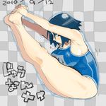  armpits bad_anatomy barefoot blue_eyes blue_hair breasts curvy embarrassed feet full_body hands_on_feet holding_own_foot huge_breasts mei_(teriyaki) one-piece_swimsuit original school_swimsuit short_hair solo stretch swimsuit teriyaki 