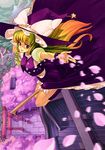  blonde_hair broom broom_riding cao-cao cherry_blossoms from_above hakurei_reimu hat highres kirisame_marisa multiple_girls petals purple_eyes shrine torii touhou witch_hat 