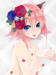  animal_ears blue_eyes blue_flower blue_rose breasts cat_ears censored convenient_censoring flower hair_flower hair_ornament kurasawa_moko medium_breasts nude original paw_pose petals pink_hair red_flower red_rose rose rose_petals short_hair slit_pupils solo tongue upper_body 