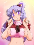  areolae breasts hair_bobbles hair_ornament highres large_breasts lavender_eyes long_hair midriff navel nipples purple_hair shinki shirt side_ponytail solo taut_clothes taut_shirt touhou usagi_niku 