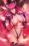  abs breasts demon_girl fire hand_on_hip highres horns huge_breasts long_hair muscle navel original pink_eyes red_hair ribs shoulder_pads slingshot_swimsuit solo succubus swimsuit thighhighs usatarou 