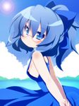  alternate_hairstyle arms_behind_back bare_shoulders bespectacled blue_eyes blue_hair breasts cirno dress glasses highres nipple_slip nipples oborotsuki_kakeru ponytail ribbon small_breasts solo touhou 