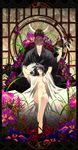 1girl absurdres barefoot black_hair blood brown_hair flower hair_over_eyes hair_over_one_eye highres instrument iris_(flower) nude pixiv_nocturne shadow shijuu_hachi spider_lily 