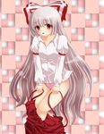  blush bow fujiwara_no_mokou grey_hair hair_bow hakomonotown hime_cut long_hair panties pants_down red_eyes suspenders touhou underwear undressing very_long_hair 