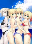  artoria_pendragon_(all) ass azu bikini blonde_hair cloud day fate/extra fate/stay_night fate/unlimited_codes fate_(series) highres multiple_girls nero_claudius_(fate) nero_claudius_(fate)_(all) saber saber_alter saber_lily swimsuit 
