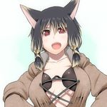  animal_ears artist_request bra cat_ears fang final_fantasy final_fantasy_xiv lace-up lingerie looking_down miqo'te open_mouth red_eyes solo sparkle underwear 