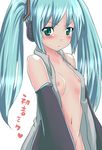  aqua_hair blush breasts detached_sleeves green_eyes hatsune_miku headphones heart long_hair looking_at_viewer mashua naked_shirt navel nipples open_clothes open_shirt shirt simple_background small_breasts solo translated twintails vocaloid white_background 