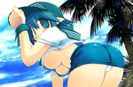  ass baseball_cap bent_over blue_eyes blue_hair blush breasts cloud crop_top curvy day hand_on_headwear hat large_breasts looking_back midriff original palm_tree panties pantyshot pointy_ears sakaki_(noi-gren) skirt sky solo tree underboob underwear upskirt white_panties wristband 