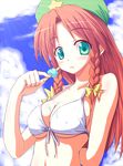  bikini_top blue_eyes braid breasts cloud day food front-tie_top hat highres hong_meiling large_breasts long_hair nirap popsicle red_hair sexually_suggestive solo touhou twin_braids underboob 