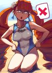  adjusting_clothes adjusting_swimsuit arcana_heart barefoot blue_eyes breasts drill_hair earrings eric_muentes flower highres jewelry kneeling long_hair medium_breasts ocean one-piece_swimsuit orange_hair petra_johanna_lagerkvist solo swimsuit twin_drills very_long_hair 