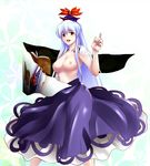  blue_hair book breasts hat k2isu kamishirasawa_keine large_breasts long_hair nipples open_book open_mouth pointing red_eyes revealing_cutout solo standing touhou very_long_hair 