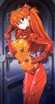  absurdres adjusting_hair arched_back armpits bangs blue_eyes blush bodysuit bracer breasts clenched_hand clothes_writing covered_navel cowboy_shot door english evangelion:_2.0_you_can_(not)_advance from_side gloves groin hair_between_eyes hair_ornament hairpods hand_on_hip hand_up head_tilt headgear highres leaning_forward legs_together long_hair looking_at_viewer multicolored multicolored_bodysuit multicolored_clothes neon_genesis_evangelion official_art orange_bodysuit orange_hair parted_lips pilot_suit plugsuit rebuild_of_evangelion red_bodysuit sadamoto_yoshiyuki scan see-through shikinami_asuka_langley shiny shiny_clothes signature skin_tight skinny small_breasts solo souryuu_asuka_langley standing test_plugsuit turtleneck two_side_up 