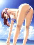  aikawa_tomoe ass beach bent_over bikini breasts cloud day glasses highres kneepits kurashima_tomoyasu large_breasts legs long_hair looking_at_viewer looking_back memoria open_mouth outdoors ponytail red_eyes red_hair side-tie_bikini sideboob sky solo sun swimsuit thighs water wet 