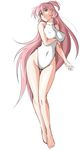  bad_id bad_pixiv_id bare_legs bare_shoulders barefoot breast_lift breasts cameltoe covered_nipples highres large_breasts legs leotard long_hair navel original pink_eyes pink_hair saruanu solo two_side_up 