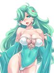  bare_shoulders blush breasts cleavage covered_nipples detached_sleeves earrings final_fantasy final_fantasy_iv green_eyes green_hair green_leotard hekeniko highres jewelry large_breasts leotard long_hair older open_mouth rydia solo star 