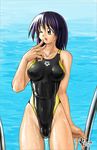  breasts competition_swimsuit covered_nipples highleg highleg_swimsuit large_breasts murasaki_nyaa one-piece_swimsuit one_eye_closed original purple_hair solo swimsuit wet yellow_eyes 