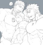  3boys abs aegir_(housamo) anchor_earrings bara beard closed_eyes commentary_request dagon_(housamo) earrings facial_hair fish_boy gills greyscale jewelry large_pectorals licking_lips long_sideburns male_focus master_3_(housamo) monochrome multiple_boys muscular muscular_male musical_note necklace no_nipples nude parted_lips pectoral_press pectorals po_fu sharp_teeth shirt short_hair sideburns single_earring smile spiked_hair spoken_musical_note stubble sweat teeth tentacles thick_eyebrows tokyo_afterschool_summoners tongue tongue_out upper_body yaoi 