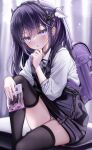  1girl absurdres backpack bag black_thighhighs blush collared_shirt hand_up highres holding knee_up long_hair looking_at_viewer neck_ribbon original panties pantyshot parted_lips purple_eyes ribbon shirt sitting solo striped thighhighs underwear vertical_stripes white_shirt yunmi_0527 