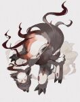  1other animal_ears body_fur bright_pupils claws colored_sclera commentary dust from_above full_body fur_collar furry half-closed_eyes highres hisuian_zoroark hisuian_zorua long_hair looking_at_viewer looking_up multicolored_hair other_focus pokemon pokemon_(creature) red_eyes red_hair reo_(mmocc123) simple_background snout standing two-tone_hair white_background white_fur white_hair white_pupils wolf_ears yellow_eyes yellow_sclera 