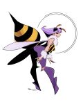  1girl antennae arthropod_girl bee_girl black_horns black_sclera boots breasts callan_(callancoe) colored_sclera covered_nipples dated full_body highres horns insect_wings large_breasts pantyhose profile purple_hair purple_pantyhose q-bee signature simple_background smile solo stinger striped vampire_(game) white_background wings 