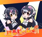  2girls african_penguin_(kemono_friends) animal_costume animal_hood bare_shoulders black_hair elbow_gloves futo_utsu gloves headphones highres hood humboldt_penguin_(kemono_friends) kemono_friends kemono_friends_v_project long_hair looking_at_viewer microphone multicolored_hair multiple_girls open_mouth penguin_costume penguin_girl penguin_hood pink_hair red_eyes shirt short_hair simple_background sleeveless sleeveless_shirt straight_hair virtual_youtuber white_hair yellow_eyes zipper 